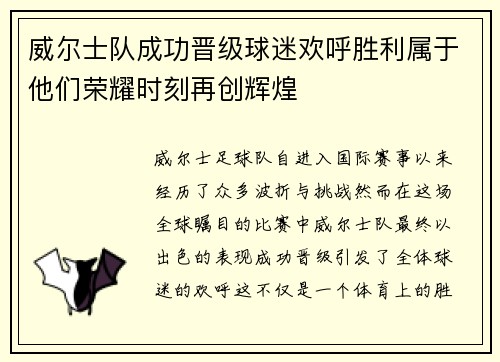威尔士队成功晋级球迷欢呼胜利属于他们荣耀时刻再创辉煌